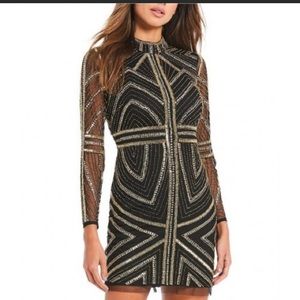 Gianni Bini Black Mesh Gold Beaded Mini Dress